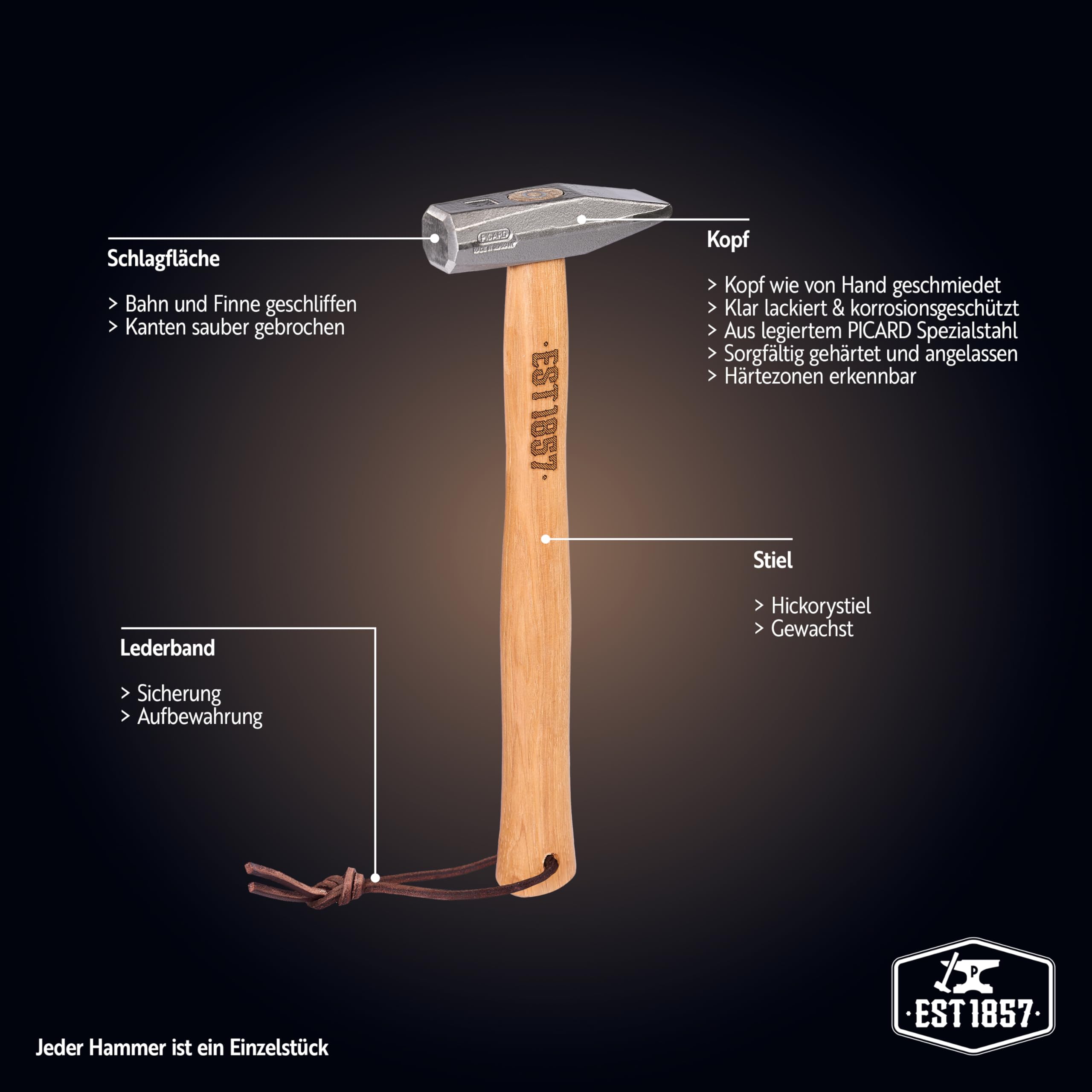 PICARD Marteau de serrurier EST.1857 500 g | Le marteau pour vous | Marteau forgé avec manche en hickory ciré | Piste et aileron précis | Marteau de serrurier artisanal 500 g