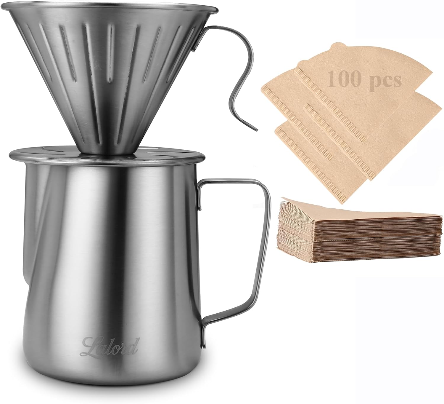 Pour Over Coffee Maker, 304 Stainless Steel wIth 100 pcs V60 Paper Filters & 600ml Milk Frothing Pitcher, for Home & Camping