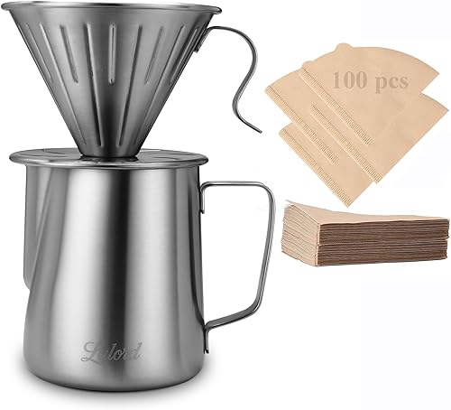 Pour Over Coffee Maker, 304 Stainless Steel wIth 100 pcs V60 Paper Filters & 600ml Milk Frothing Pitcher, for Home & Camping