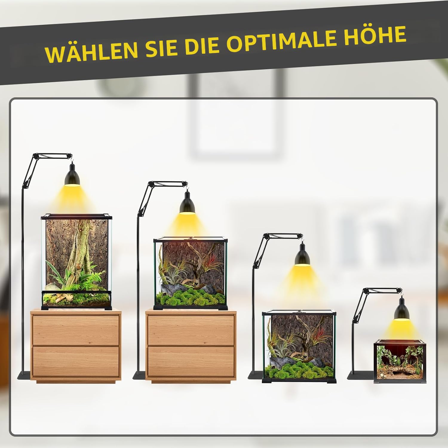 GlowUp Reptilien Lampenständer Verstellbarer, Wärmelampenständer Höhe 40-140 cm, 360° Drehung Reptilien Lampenhalter mit Sockel Terrarium Lichtständer für Schildkröten Spinne (Ohne Lampen)