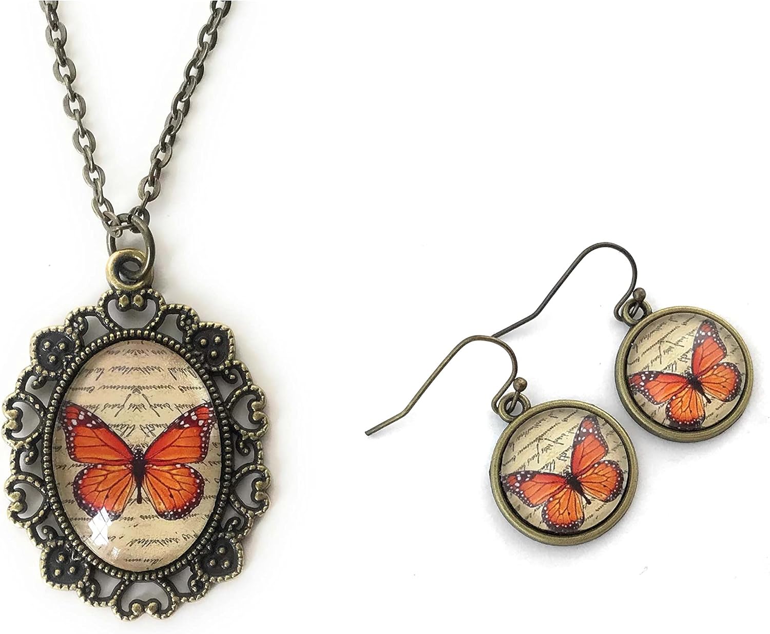 Fern & Filigree Monarch Butterfly Necklace and Earring Set for Women - Orange and Black Jewelry