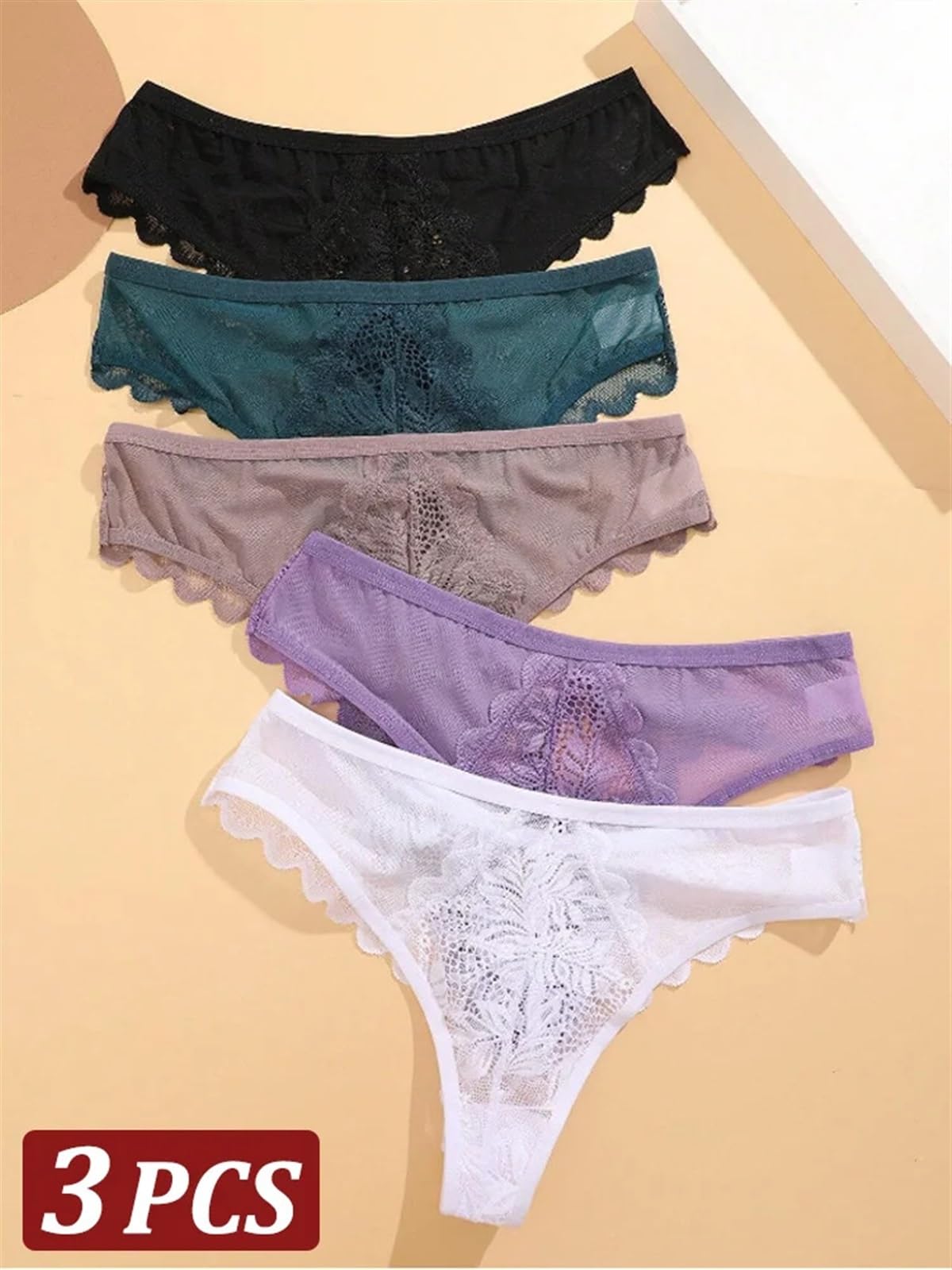 Mutande Bikini Slip 3 pezzi/set sexy perizoma in pizzo da donna mutandine perizoma tinta unita con prospettiva floreale biancheria intima femminile morbida e traspirante lingerie(SET 16 3pcs,S)