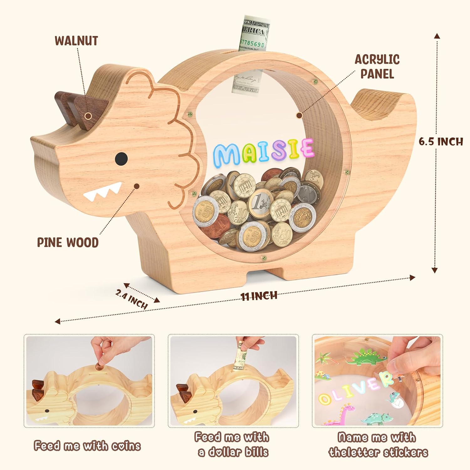 Summidate Custom Wooden Dinosaur Piggy Bank, Large Money Bank for Kids Boys image 3