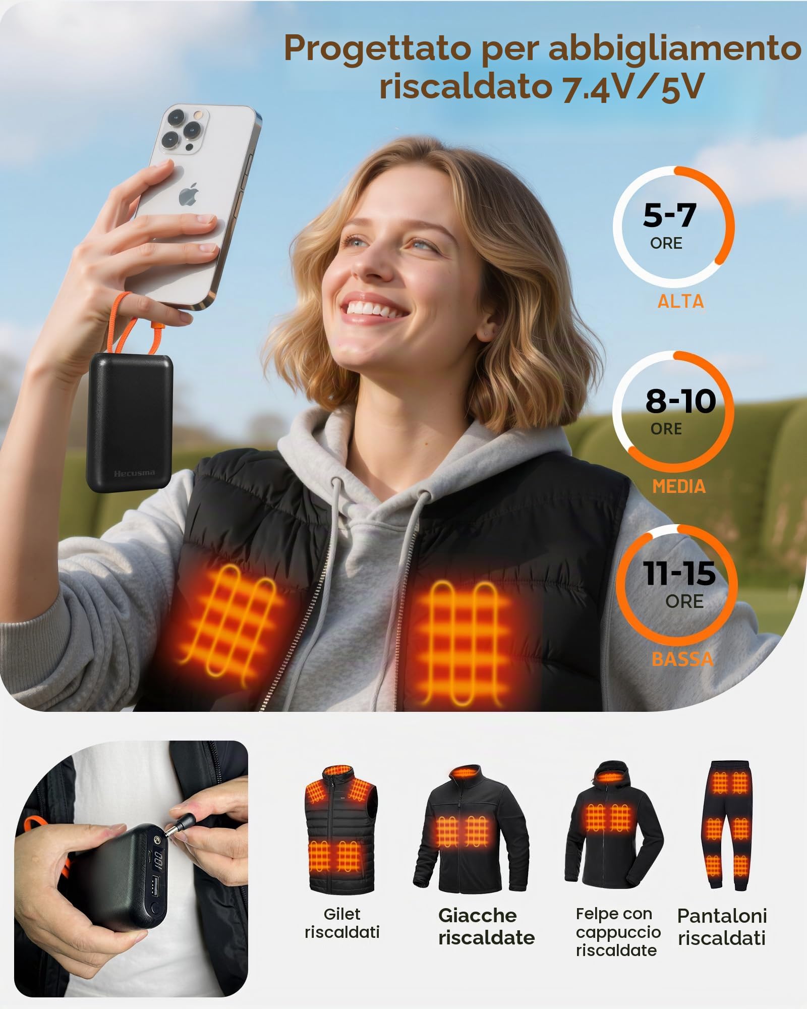 Power Bank per Gilet Riscaldato 7,4V 20.000mAh, Portatile Batteria per Gilet Riscaldato con cavo USB-C integrato, 1 porta USB-C, USB-A e DC, con Display LCD