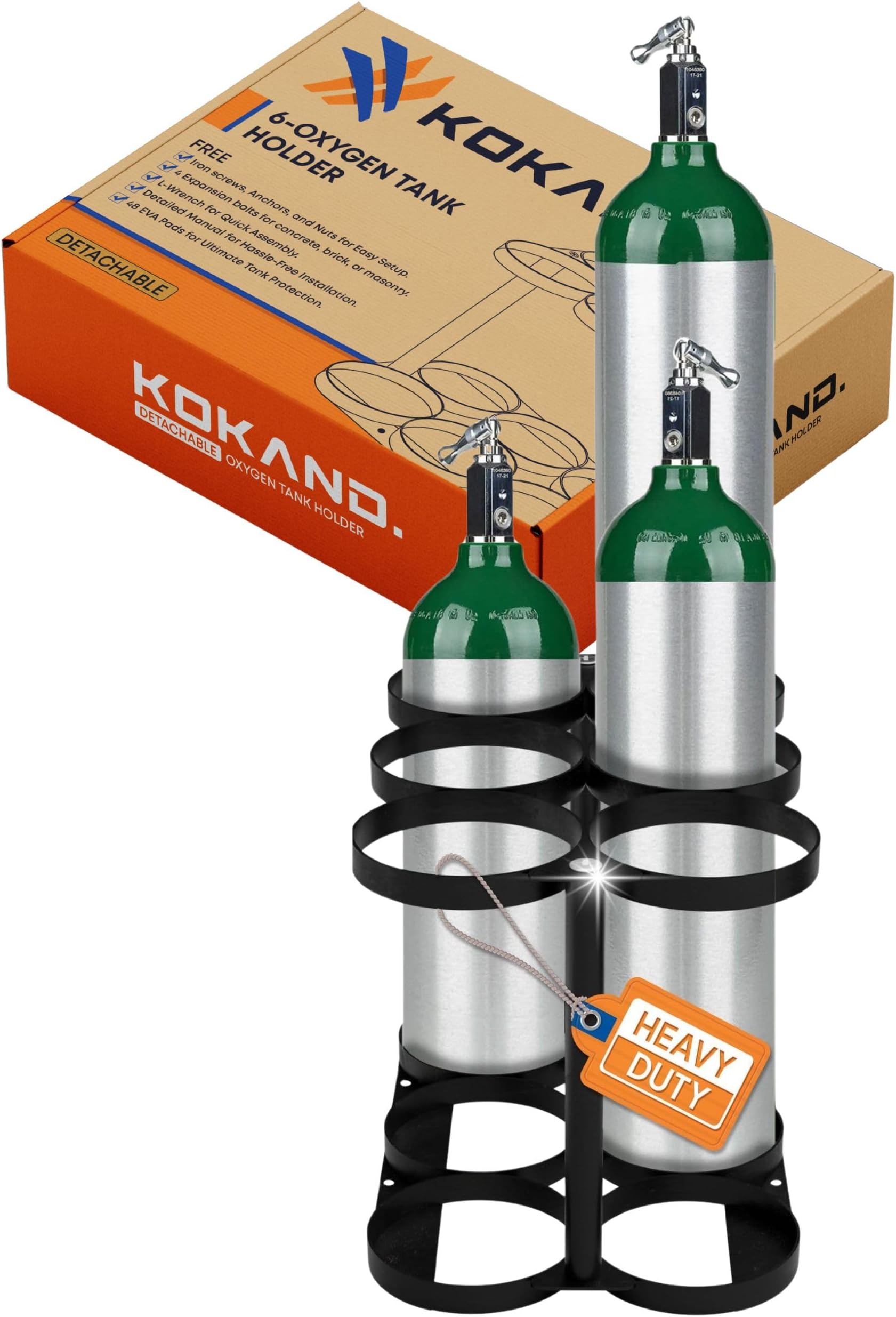 Premium Quality Detachable Oxygen Tank Holder (6) for E, D, M9/C Size Cylinders - Solid Metal Storage Rack - Portable Oxygen Tank Carrier |Travel & Vehicle Use (Black) (4.5" Wide Slots)