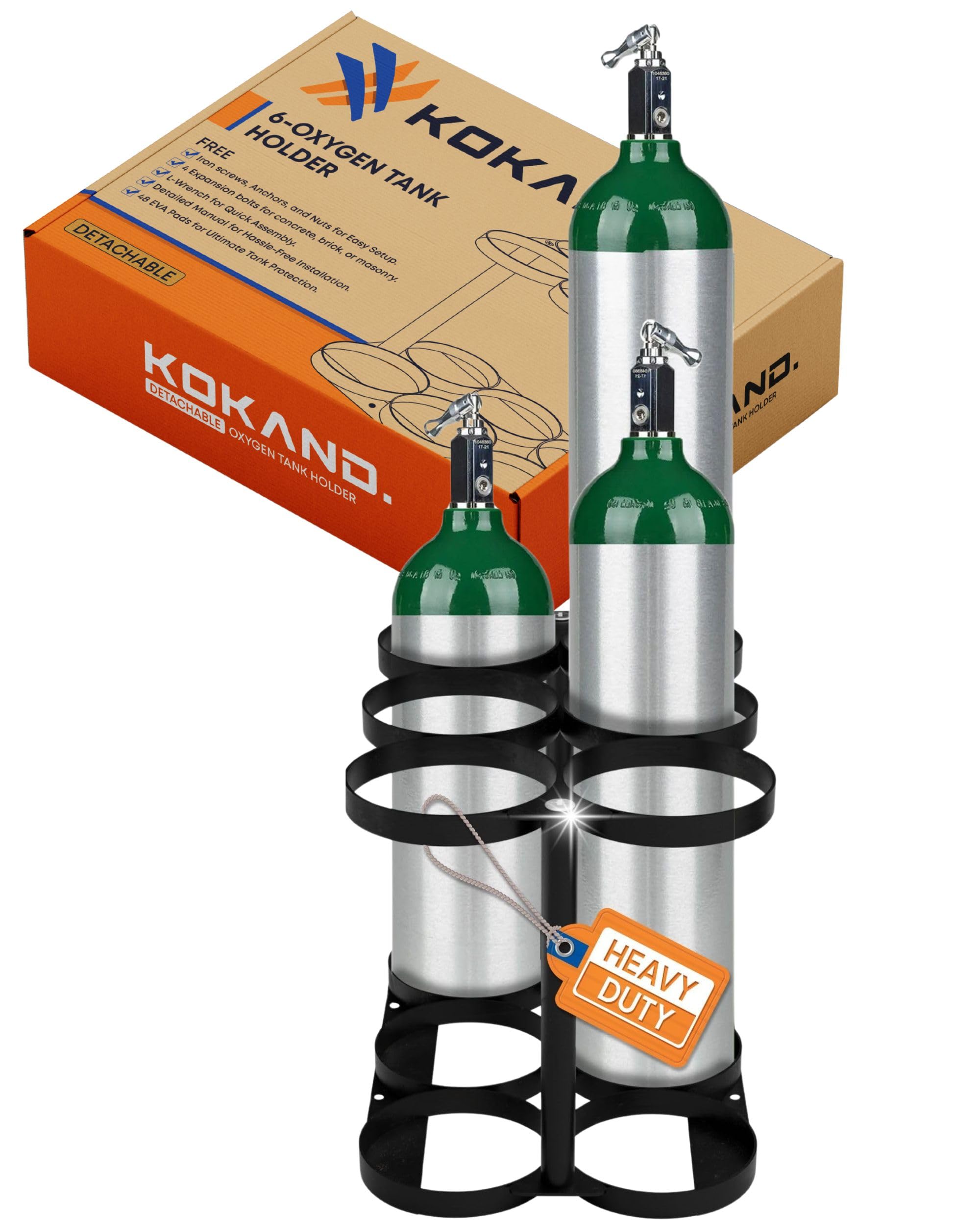 Premium Quality Detachable Oxygen Tank Holder (6) for E, D, M9/C Size Cylinders - Solid Metal Storage Rack - Portable Oxygen Tank Carrier |Travel & Vehicle Use (Black) (4.5" Wide Slots)