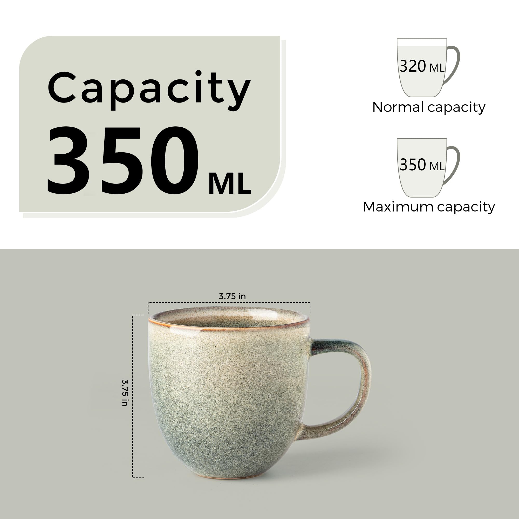 GBhome Zestaw 6 kubków do kawy z kamionki o pojemności 350 ml, z dużym uchwytem, do latte, cappuccino, mleka, kakao, nadaje się do mycia w zmywarce