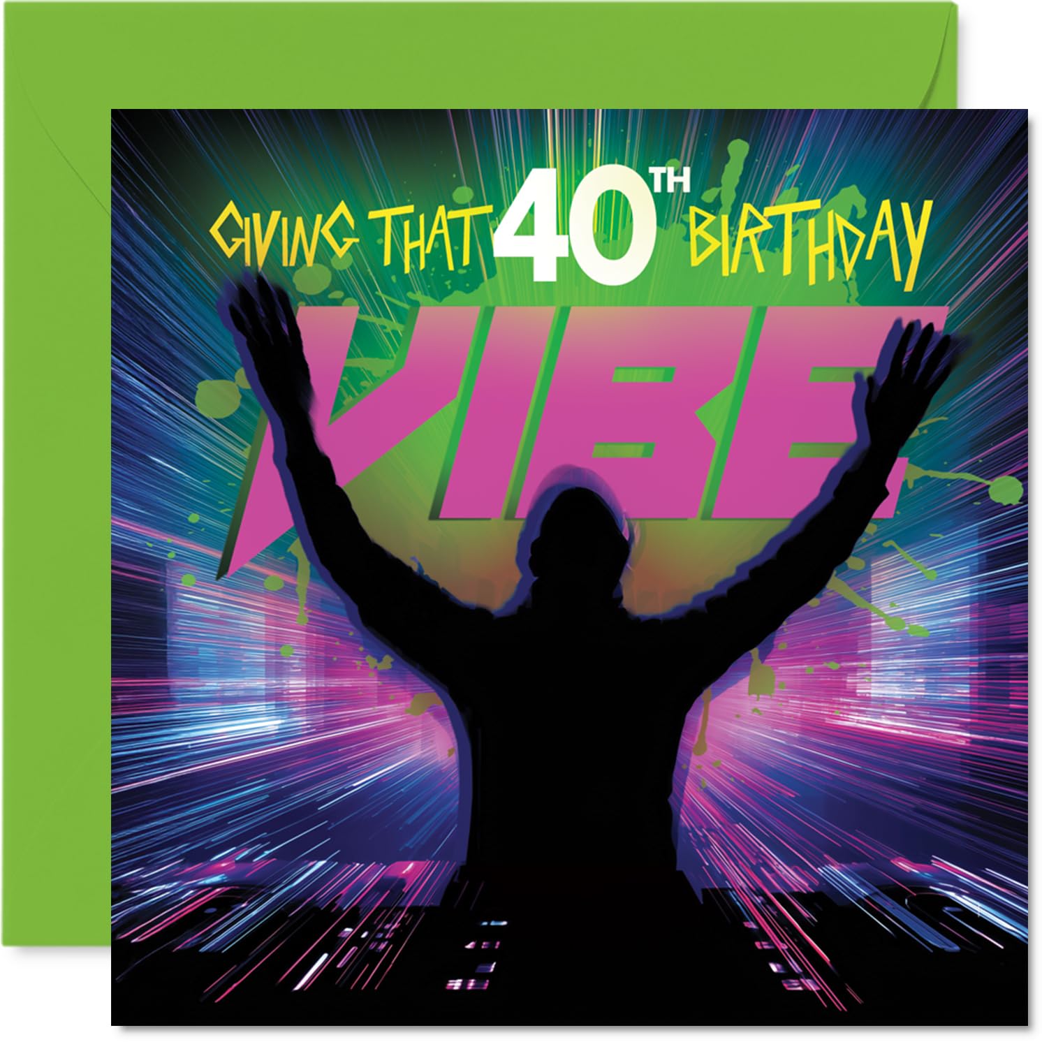 Playful 40th Birthday Card - Bringing the Party to 40 - Neon DJ Silhouette and Bold Celebration Vibes - 145mm Square, Envelope Included