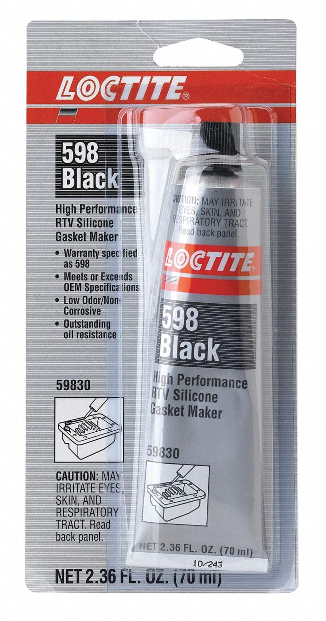 Loctite RTV Gasket Maker: SI 598, 2.37 fl oz, Tube, Black, Oil/Sensor Safe 234609-1 Each