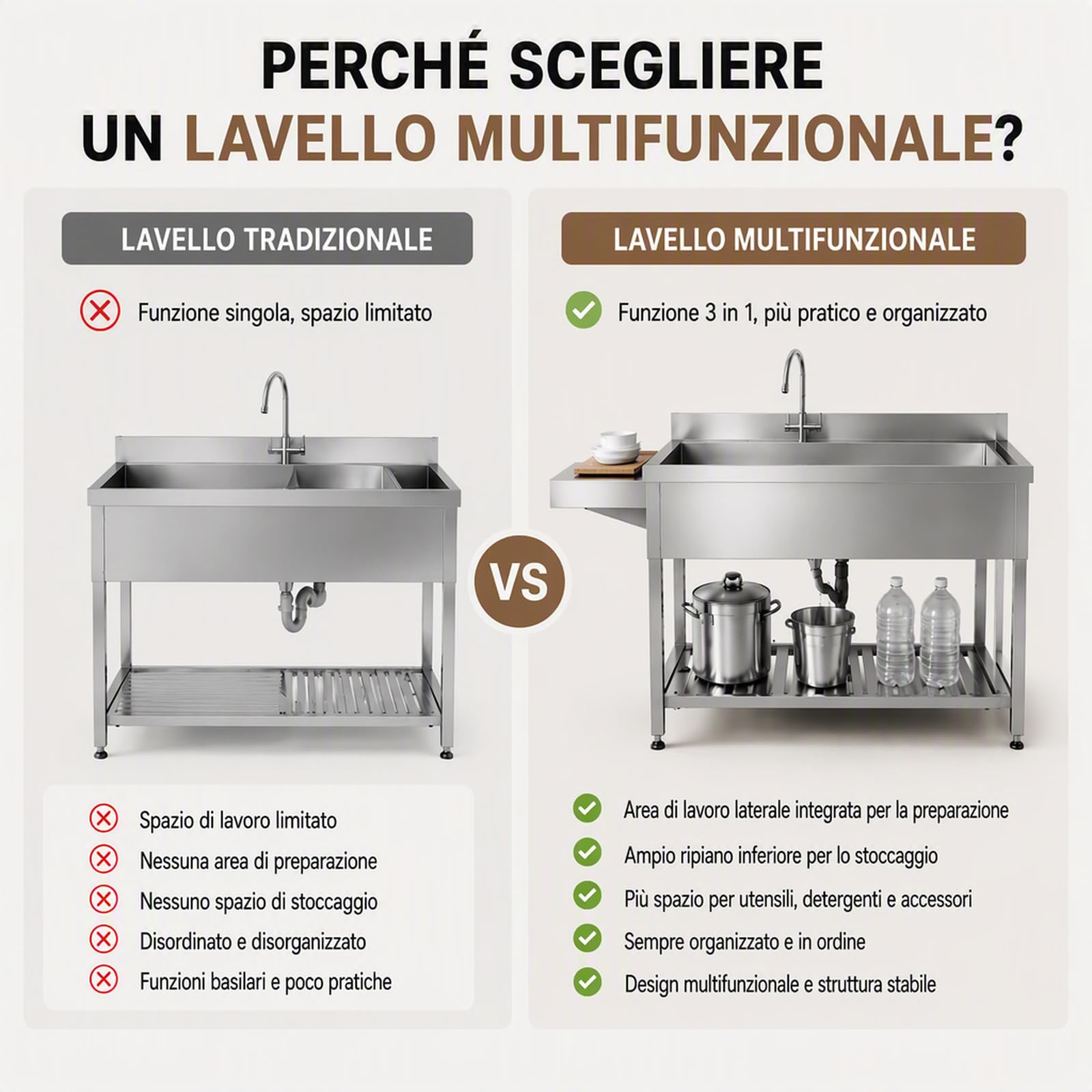Lavello Cucina Autoportante Argento in Acciaio Inox con Rubinetto