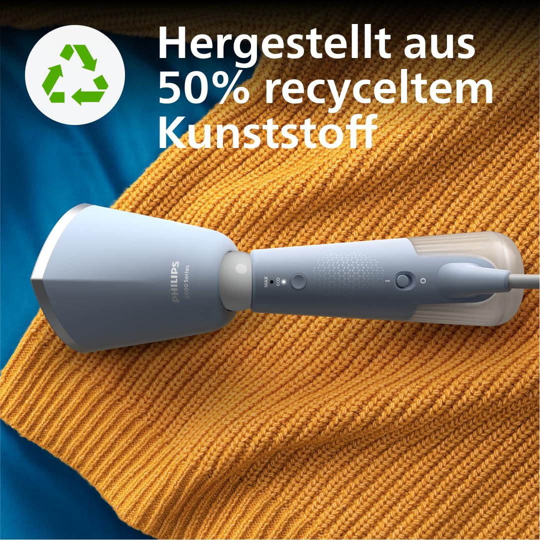 Philips Dampfglätter 5000-Serie - 35 Sekunden Aufheizen, aktiv beheizte Dampfplatte, Eco-Modus, für empfindliche Textilien, dampft vertikal & horizontal, Handschuh & Beutel, himmelblau (STH5020/20)