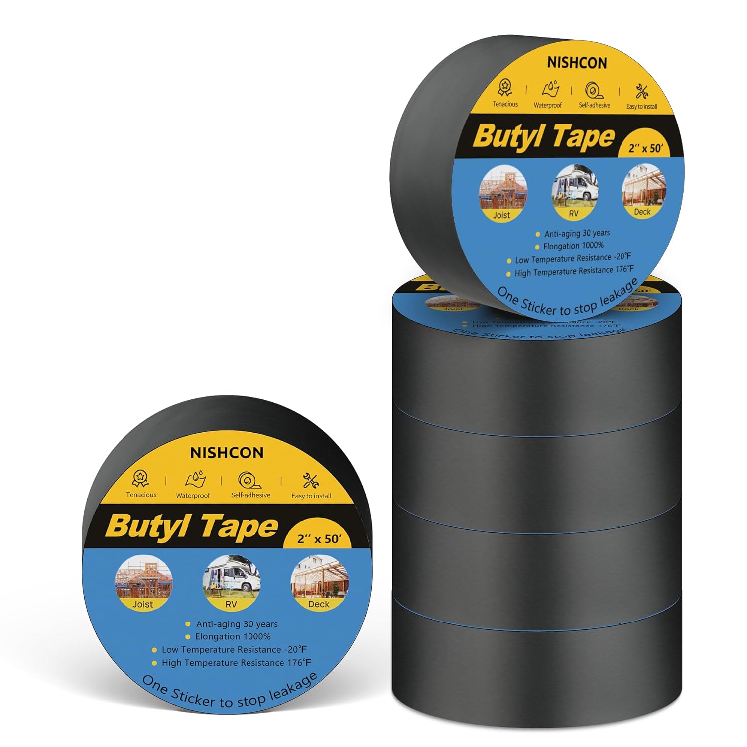 Butyl Tape 2" x 50' with 6 Rolls, Black, Waterproof and Anti-Corrosion, Ideal for Deck, Joist, Roofs, Beams, RV, Doors, and Fences