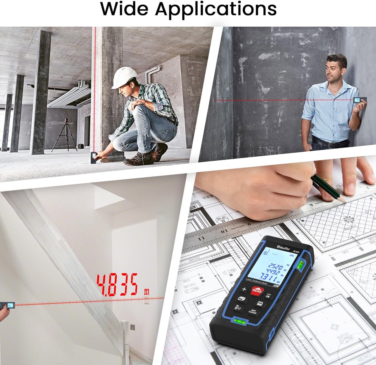 Laser Measure, Bauihr 165ft Laser Distance Meter, Portable Laser Measurement Tool with 2 Bubble Levels, Large Backlit LCD Display, Allowing Pythagorean Mode, Measuring Distance/Area/Volume, IP54