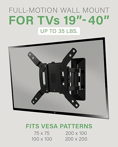 Miniatura 2 de SANUS Soporte de pared para TV de movimiento completo para pantallas de 19 a 40 pulgadas, diseño de un solo perno inclinado, gira y se extiende -