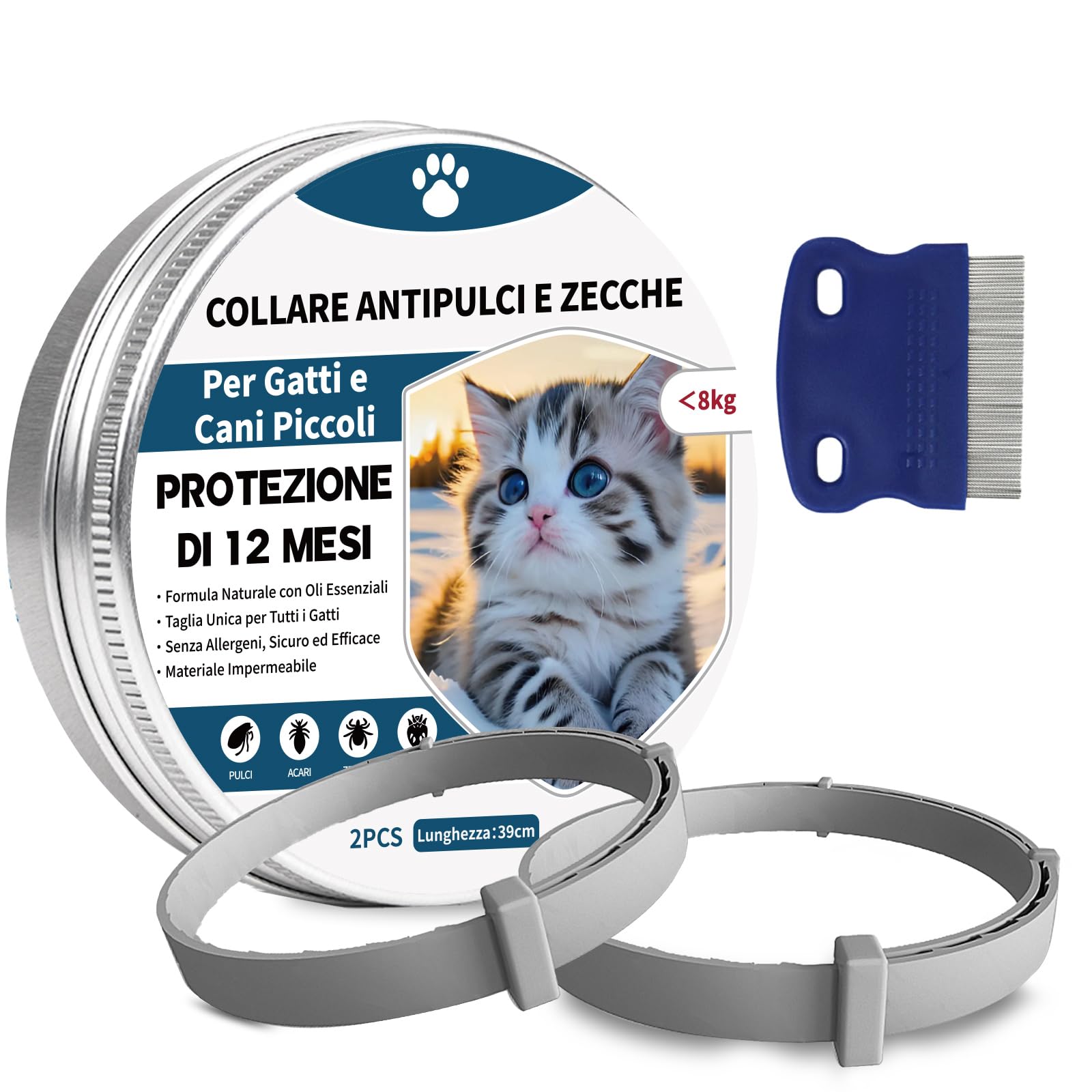 2 Pezzi Antiparassitario Per Cani,Collare Antipulci per Cane,Realizzato Con Oli Essenziali Naturali, Sicuro ed Efficace, Universale per Cani e Gatti,Protegge per 12 Mesi (piccolo cane e gatti)