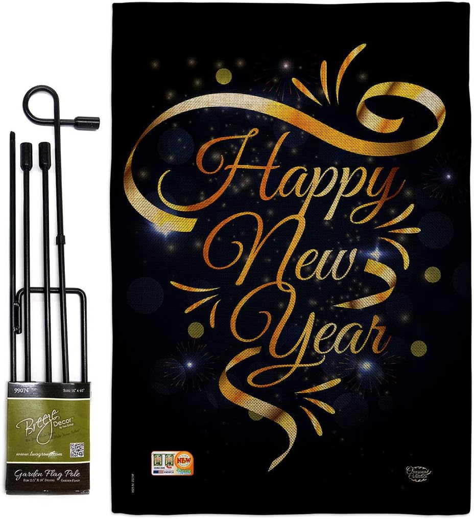 Gold Happy New Year Burlap Garden Flag Set with Stand Clock Countdown Champagne Party Fireworks Celebrate Small Decorative Gift Yard House Banner Double-Sided Made In USA 13 X 18.5