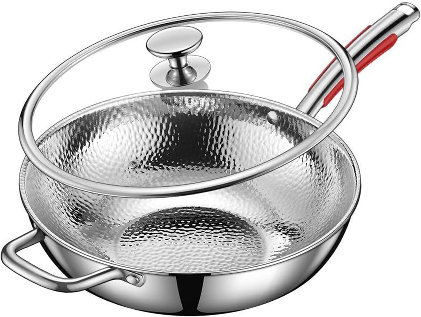 Hammered Wok, Tri-Ply Stainless Steel Hammered Frying Pans Nonstick, Non-Stick Wok, Durable Scratch-Resistant Non Stick Wok Pans for Cooking,with lid,13.39IN