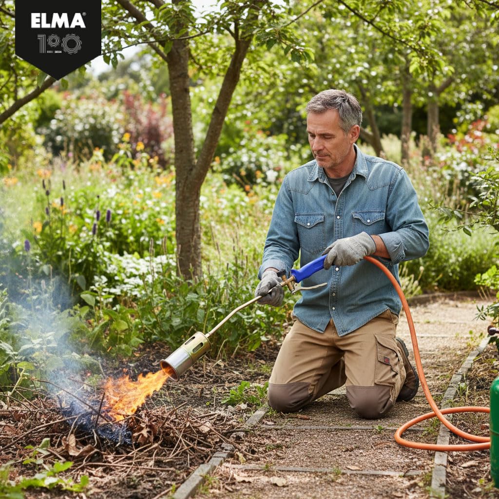 ELMA Chalumeau Monogaz I Brûleur Thermique de Mauvaises Herbes avec buse Ø 60 mm et tuyau 3 m I Poignée Ergonomique Compatible gaz Butane et Propane