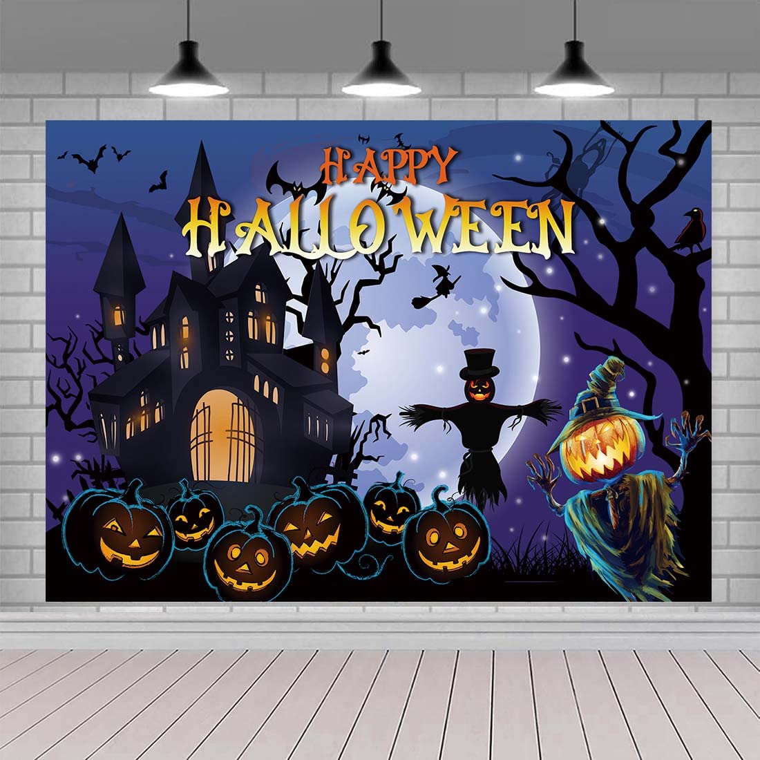 Happy Halloween Hintergrund-Banner – Spukhaus Mit Fledermäusen & Kürbissen, 7x5 Ft (2,1x1,5 M)
