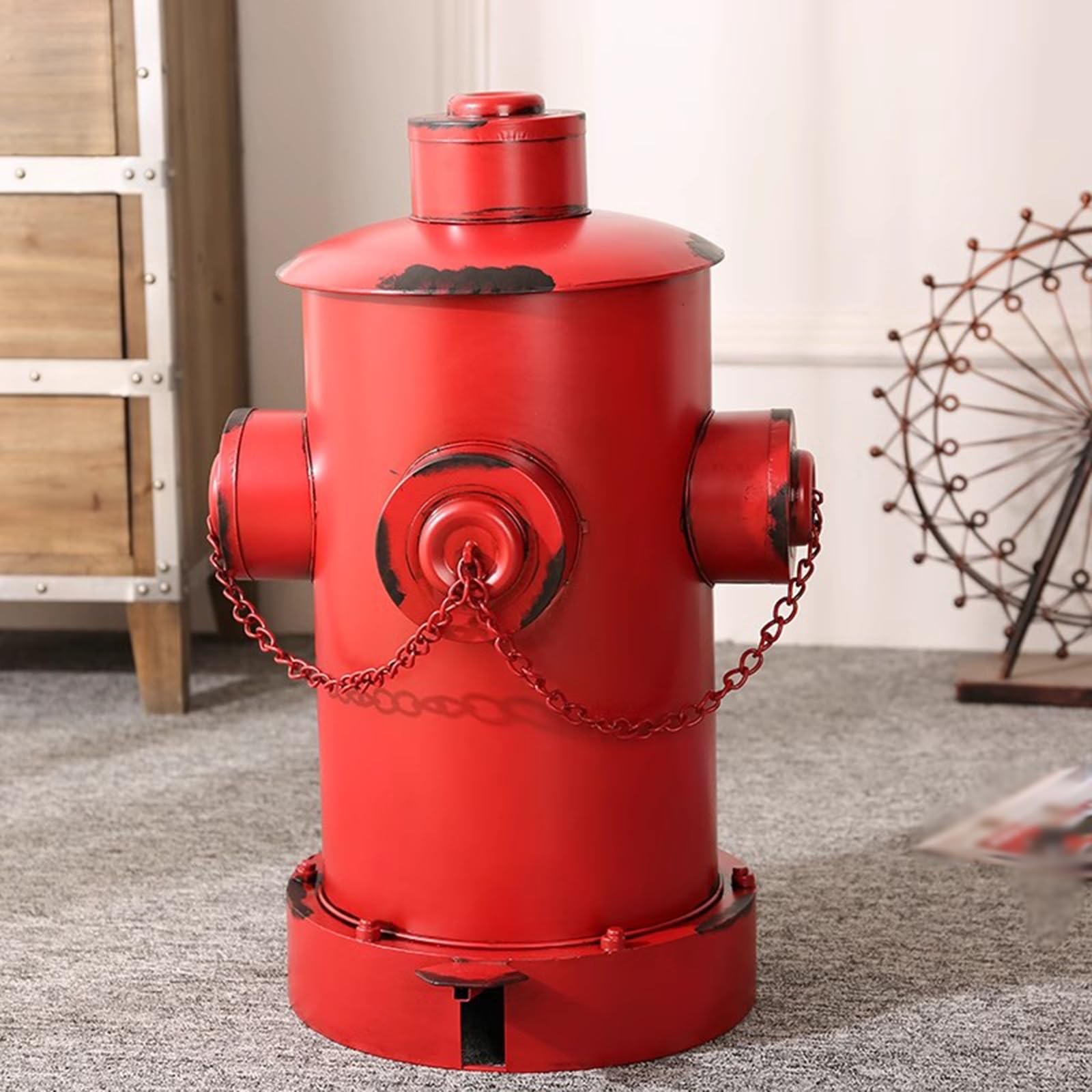 Cubo de Basura Vintage de Hierro Estilo Industrial， Cubo de Basura Grande de Metal con Tapa， Pedal， Tapa Abierta， Boca de Incendios， Modelado， artesanía，A