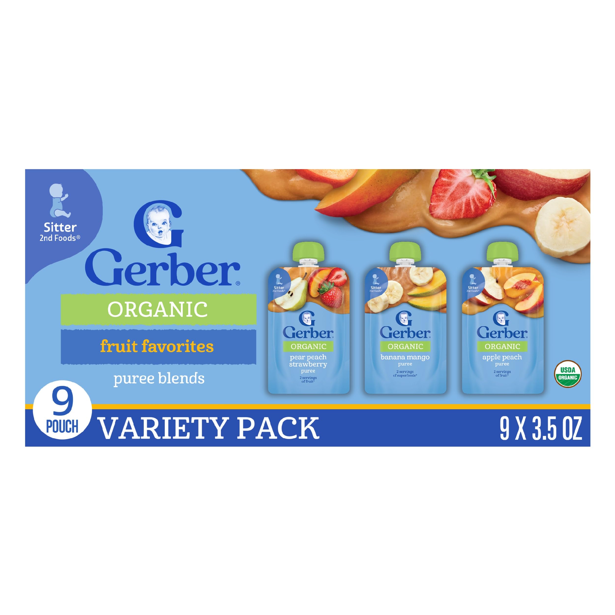Gerber Stage 2 Baby Food, Organic Fruit Favorites Puree Pouches Variety Pack, No Added Sweetener, Baby Food Pouches, 9-Pack