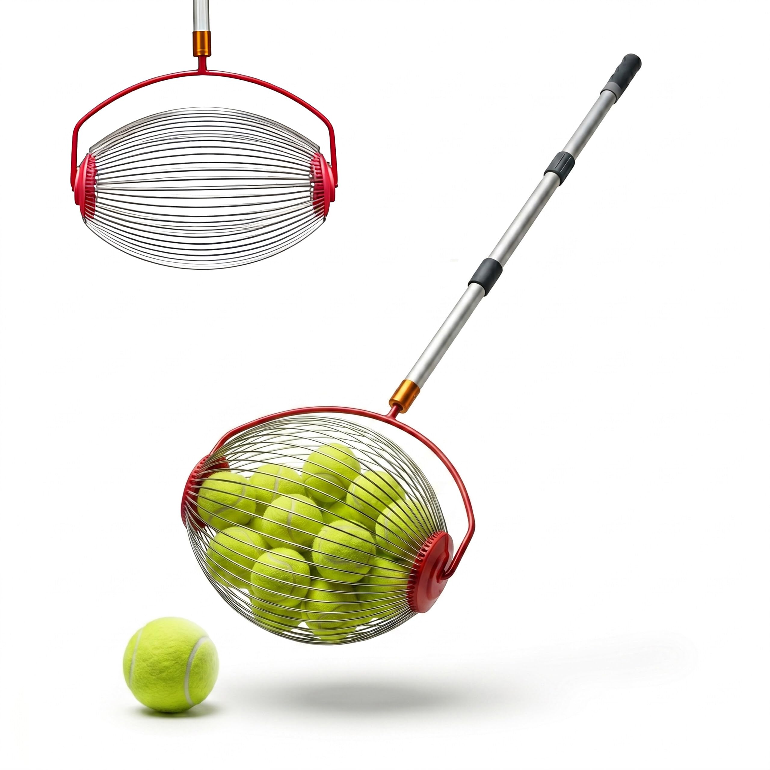 Relaxdays Tennisball Sammler, 25 Bälle, HBT: 128 x 32 x 19 cm, Metall, Abnehmbarer Griff, Rollsammler Tennis, Silber/rot