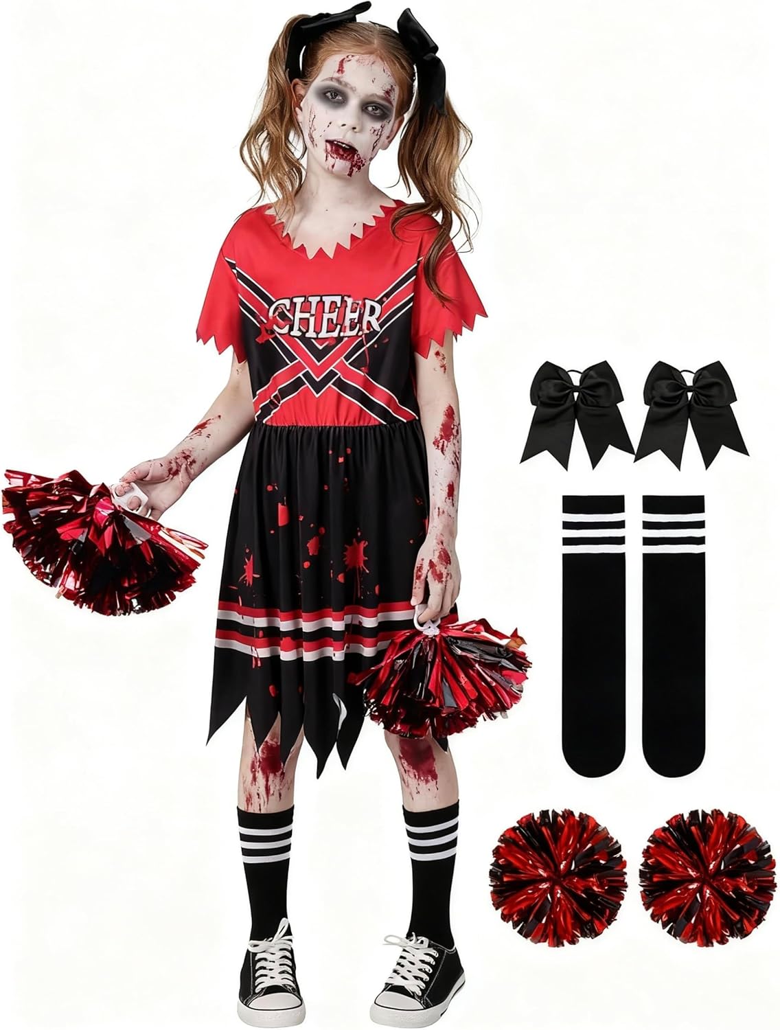Zombie Cheerleader Costume for Girls 6-12Y Scary Bloody Dress with Pom Poms Socks Bows Halloween Cheerleading Outfit