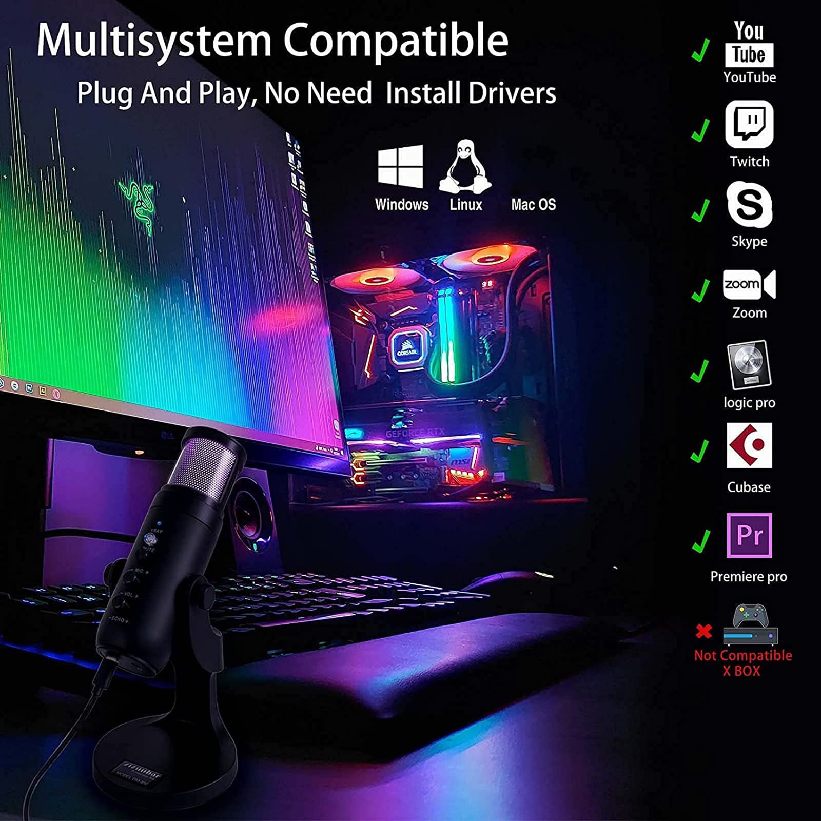 Microfono a Condensatore USB, Microfono a Condensatore RGB Con Luce Colorata Per L'atmosfera Respiratoria, Modello Cardioide, Adatto Per Registrazione Video, Podcasting, Giochi