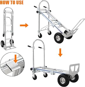 Chariot à main dolly 3-en-1 pliant, capacité de 770 lbs, chariot convertible en aluminium avec cadre coulissant, dolly robuste pliable avec roues pour déménagement, entrepôt, supermarché