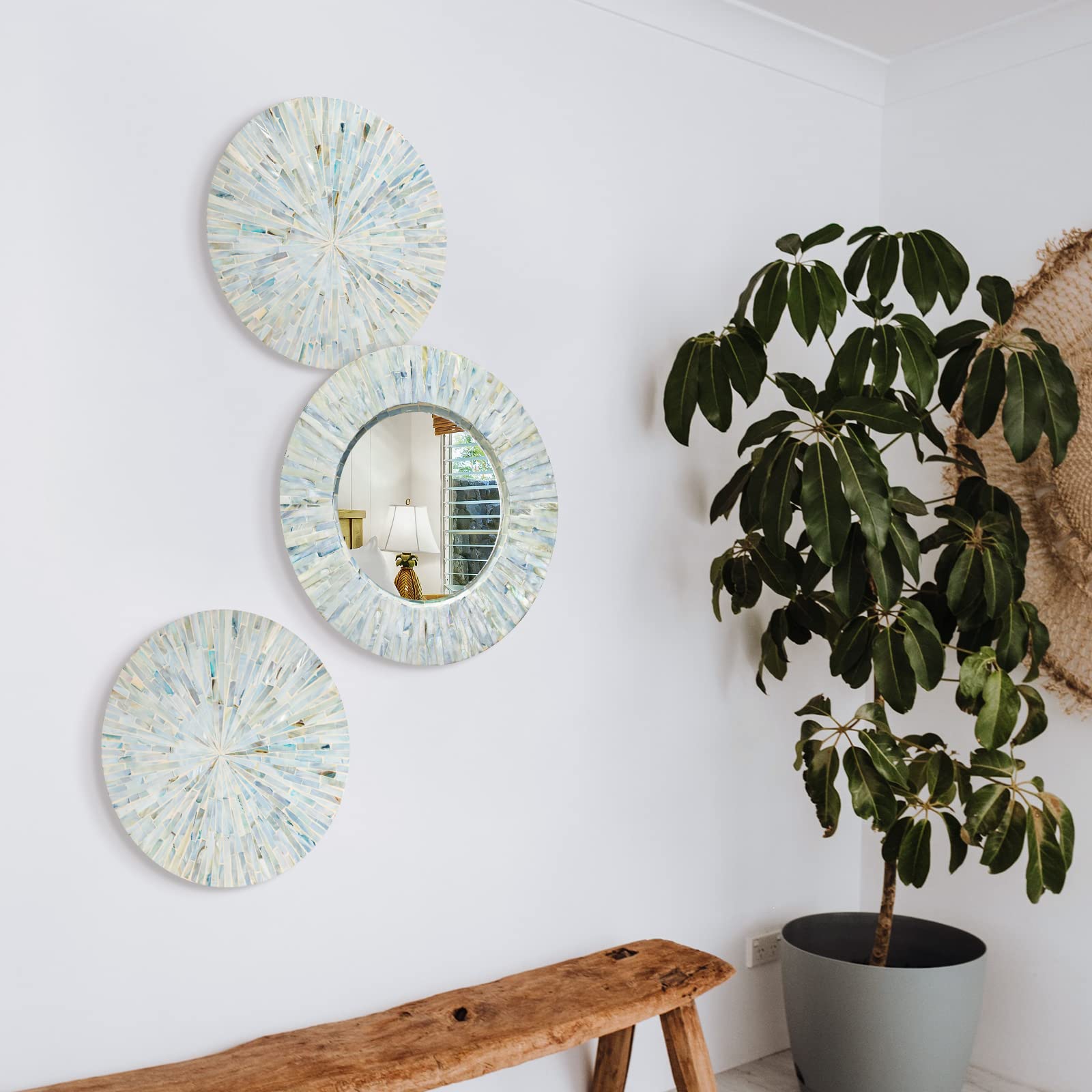 Natural Mother of Pearl Mirror Wall Decor for Living Room, 3PCS Handmade Coastal Wall Plates Art Bedroom Bathroom Decoration, Ocean Beach Wall Hanging Sculptures Decor for Home Office Holiday Hotel