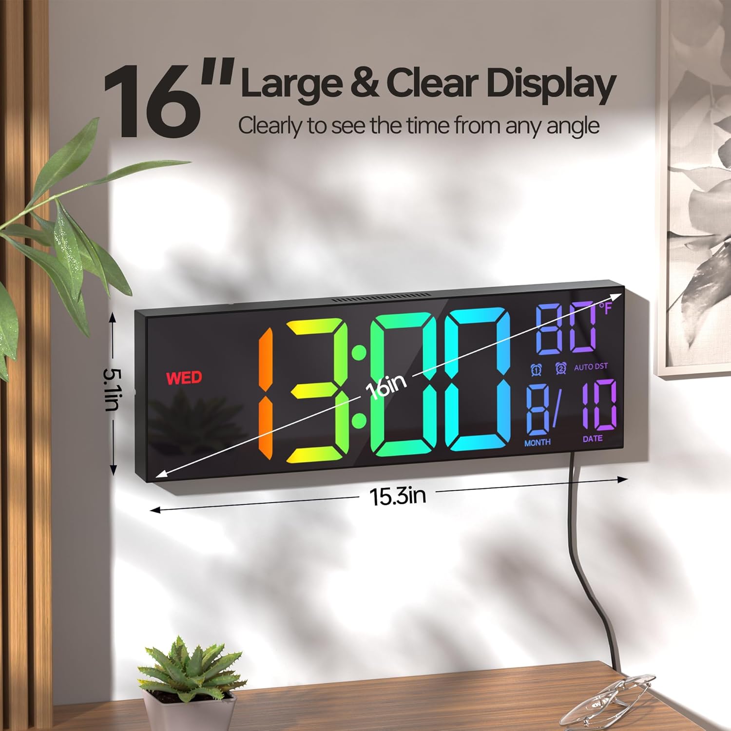 JALL 16.1" Large Digital Wall Mount Clock, Count Down Timer, Alarm, Big LED, RGB Color, DST, Temperature for Living Room Classroom Desk, Wall, Xmas, Birthday Gift for Senior Mom Dad, Rainbow