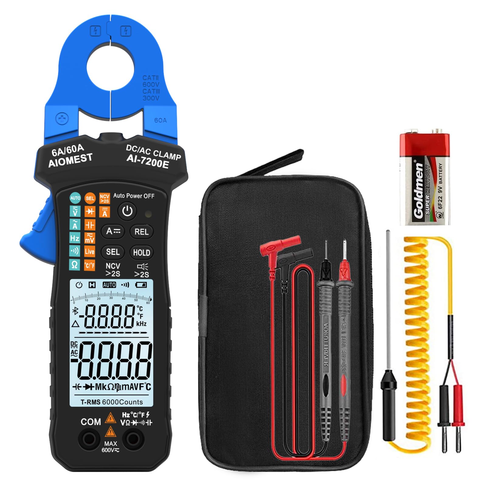 AIOMEST Multimetro Digitale Tester Portatile, 6000 Conta RMS Reali Multimetro a Pinza, Corrente e Tensione AC DC, Autoranging, NCV, Resistenza, Diodo, Test di Continuità, Capacità, AI-7200E