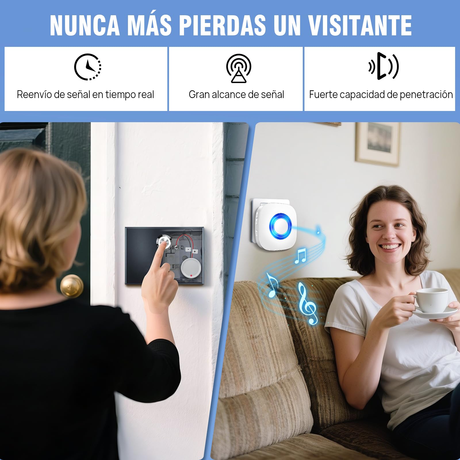 Conjunto de Extensión de Señal Inalámbrica PHYSEN, Amplificador de Timbre y Campana, Reenvío de Timbre para Timbre Existente, Timbre para Dormitorio, Ático y Sótano, 1 Repetidor de Señal 1 Receptor