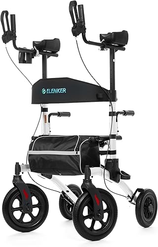 Miniatura 9 de ELENKER Andador Rollator Vertical Todo Terreno, Andador Rollator de Pie con Asiento, Ruedas No Neumáticas de 12", Diseño Plegable Compacto