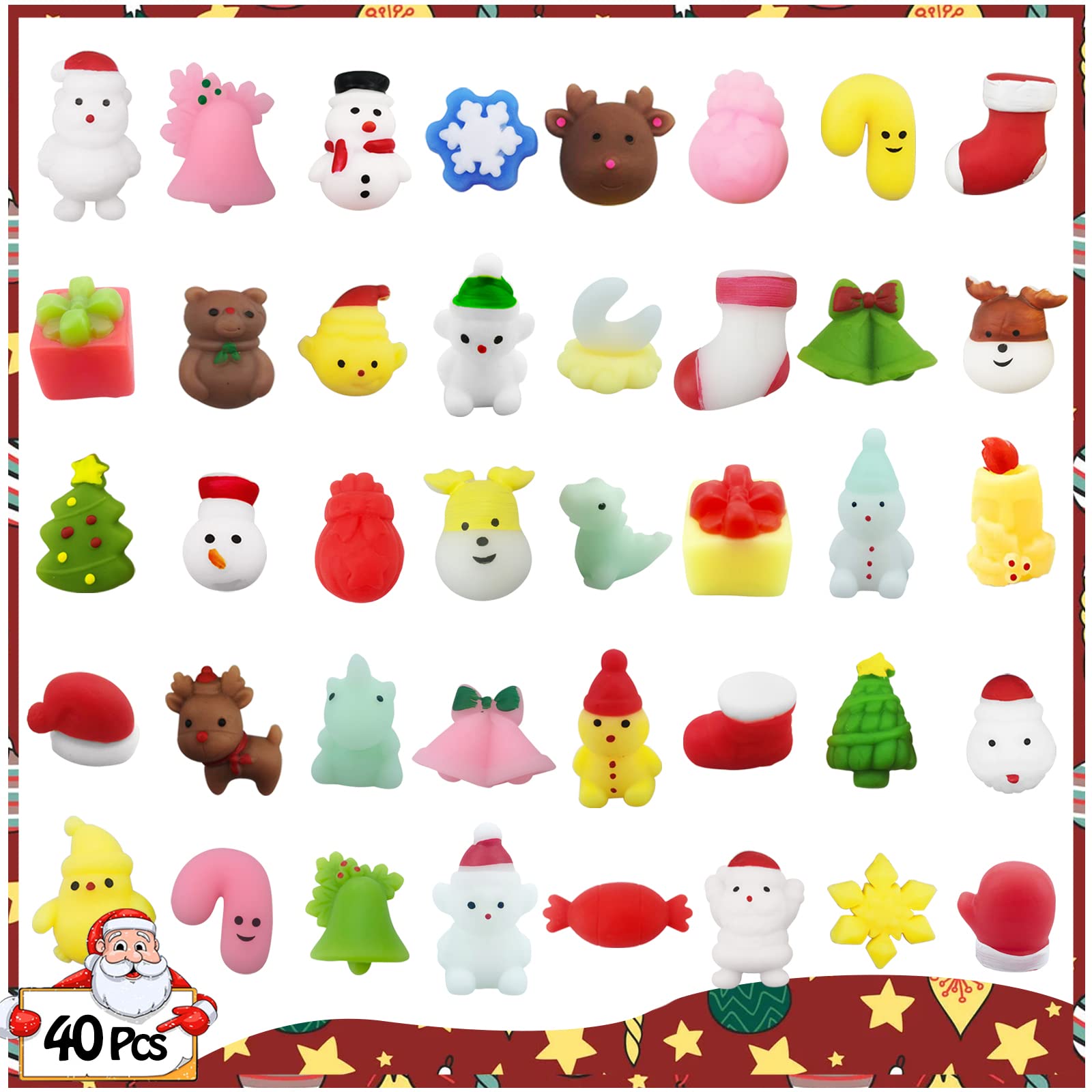 40Pcs Christmas Mochi Squishy Toys, Christmas Fidget Toys Squishies Party Favors for Kids, Xmas Party Bags Fillers Christmas Eve Box Stocking Fillers Mini Treats Gifts Classroom Rewards Prize for Kids