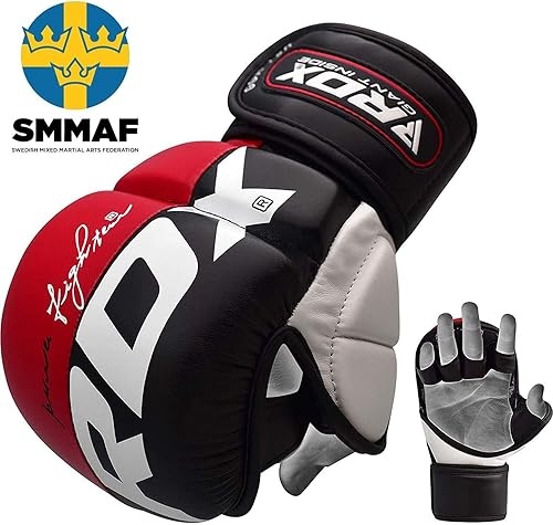 Miniatura 10 de RDX MMA Guantes mitones para artes marciales de piel, para saco de boxeo, enfrentamiento en jaula, combate, y entrenamiento., Amarillo, XL