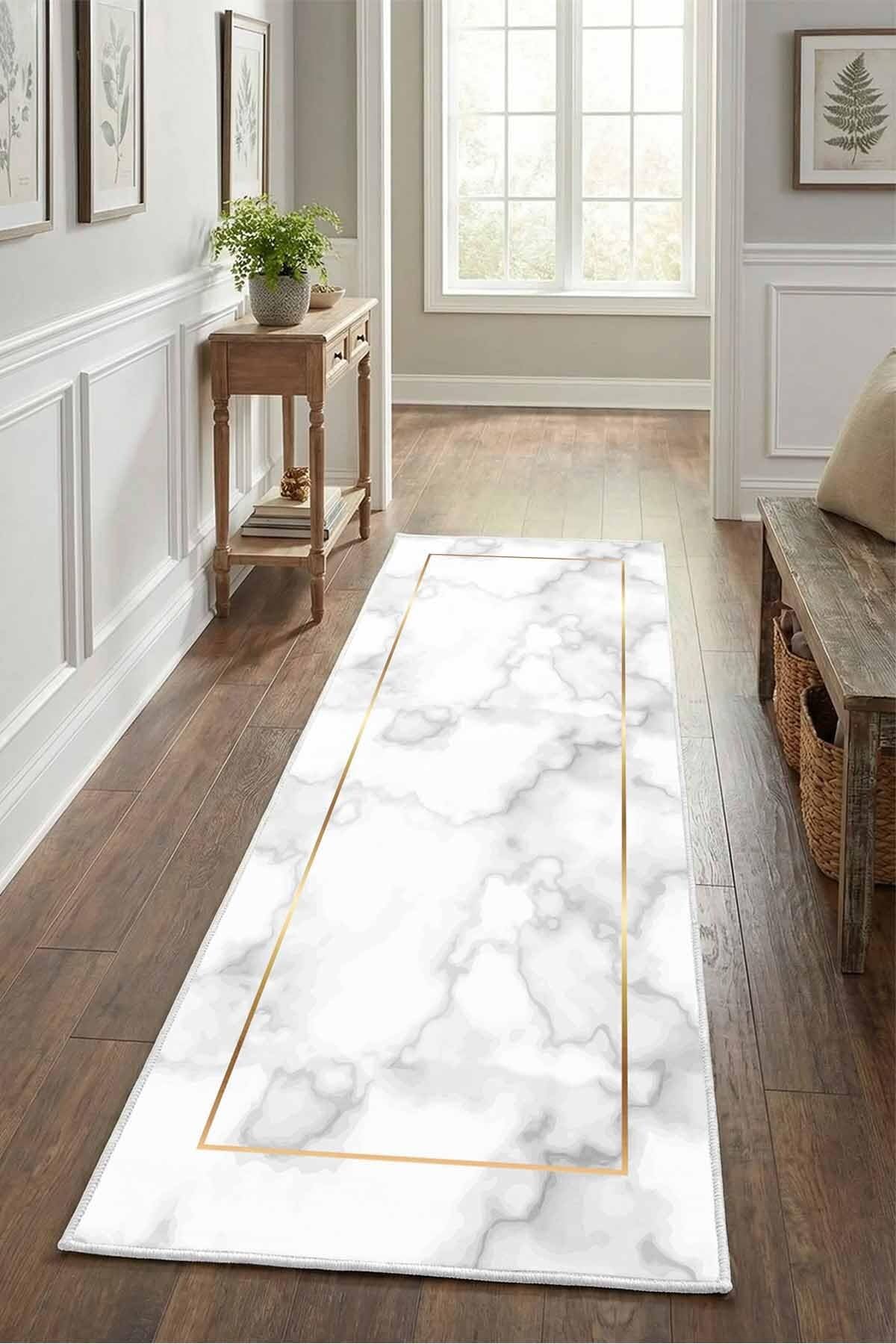 Monnhein Gold Yolluk Alaca - Yıkanabilir, Kaymaz Taban, Dijital Baskılı, Leke Tutmaz, İnce Hav, Modern Koridor, Mutfak, Antre ve Salon için Dekoratif Yolluk