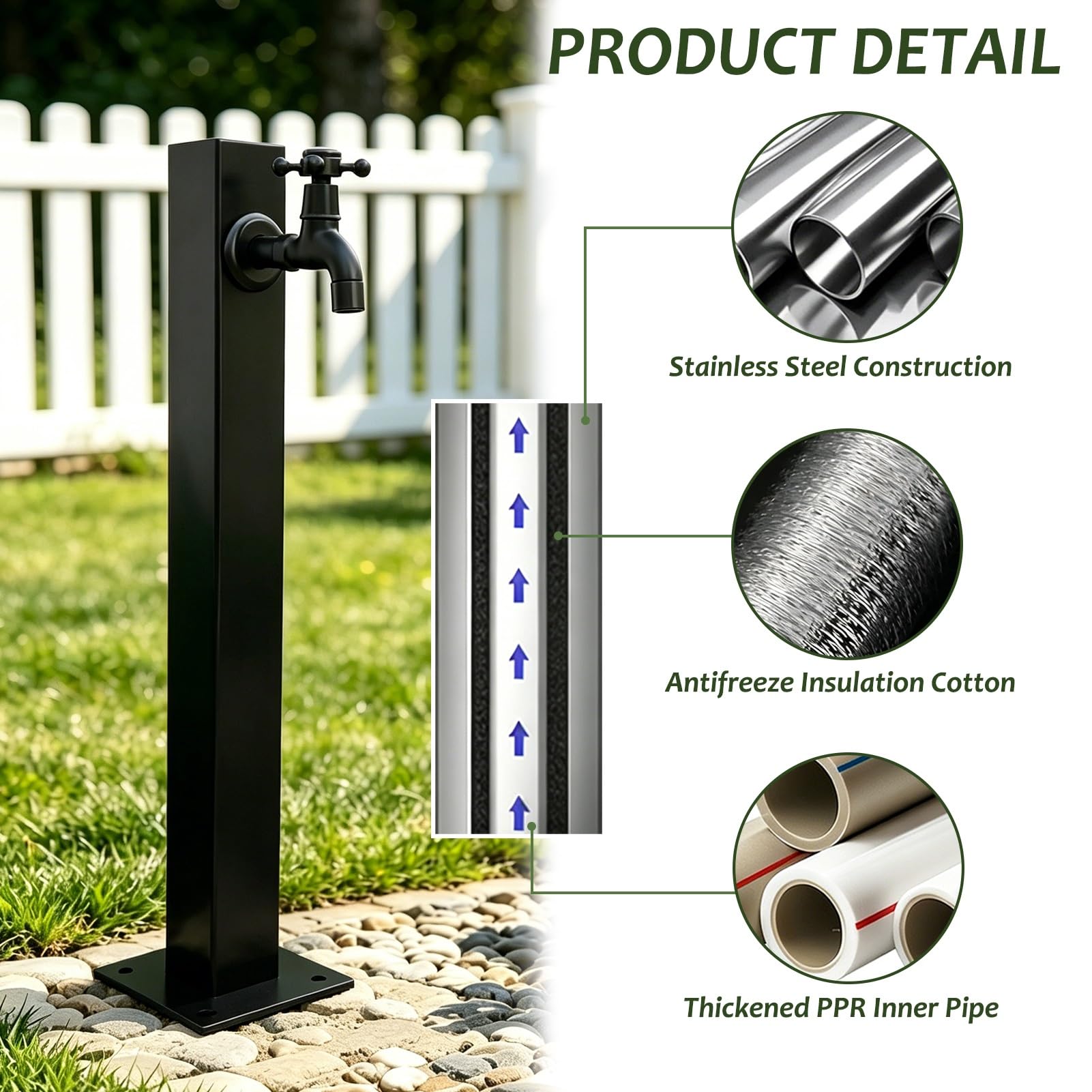 Columna de agua de jardín cuadrado moderno, hidrante de jardín negro independiente Grifo exterior para patio, terraza de villa, montaje en suelo o lateral