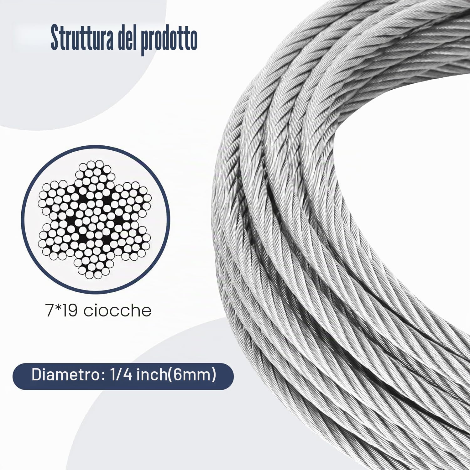 15M Ø6mm Cavo in acciaio inox, 7x19 Fili Carico di Rottura 2900 kg,per zipline da cantiere, parapetti per ponti, ascensori per barche