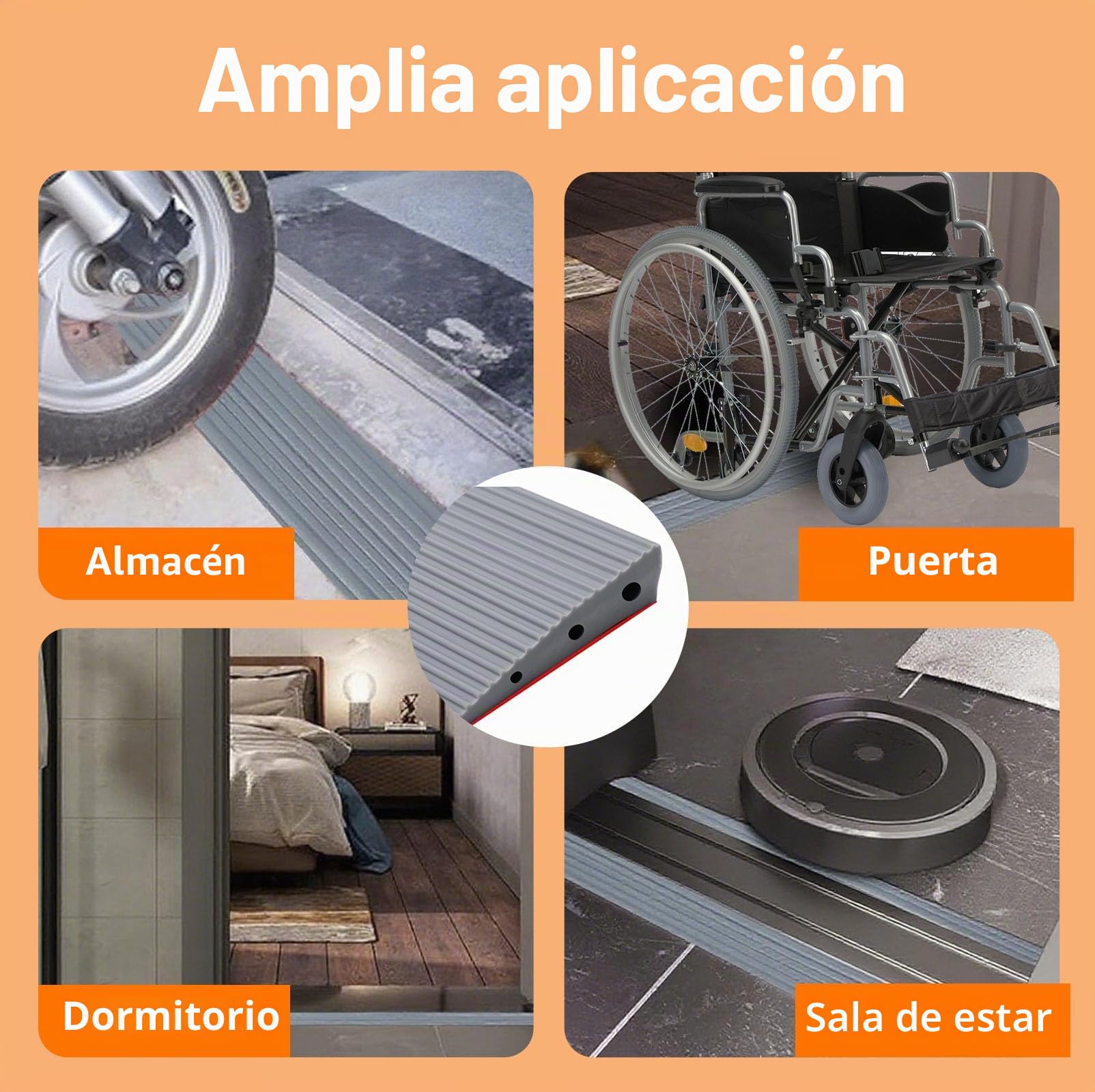100 x 6.5 x 2.5cm Rampa Sillas Ruedas, Rampa Umbral Puerta, Rampa Escalones Superficie Antideslizante Goma PVC, Barra Transición Autoadhesiva para Andador, Scooter, Cochecito, Bordillos Rampas (Gris)