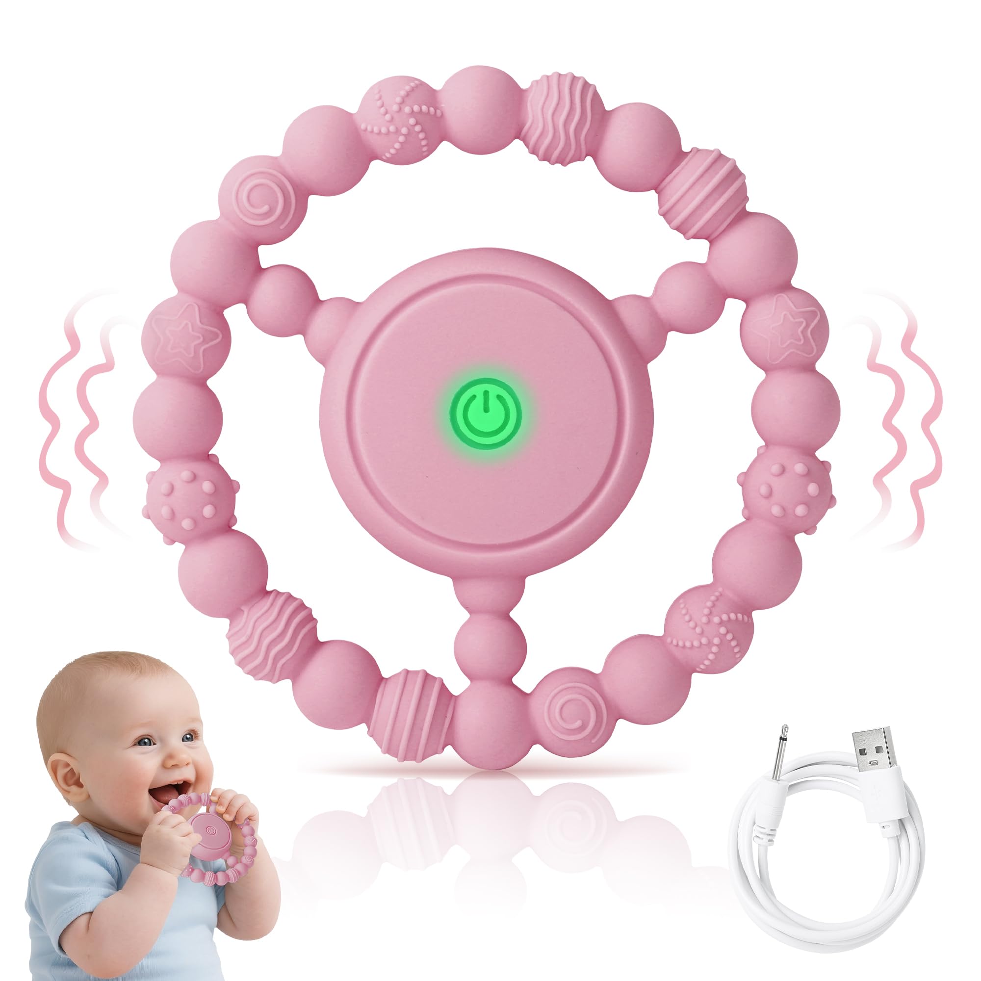EccoCove Vibrierender Beißring für Babys aus Silikon – Sensorisches Babyspielzeug zur Zahnfleischmassage & Stimulation, unterstützend bei Autismus, Ängsten & als Zahnungshilfe (Rosa)