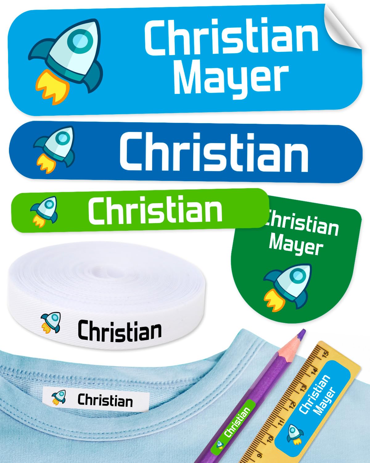 155 pcs Personalized Name Labels for kids school. 100 Iron on labels for clothing and 55 Name tag Stickers. Labels to mark clothes and school supplies