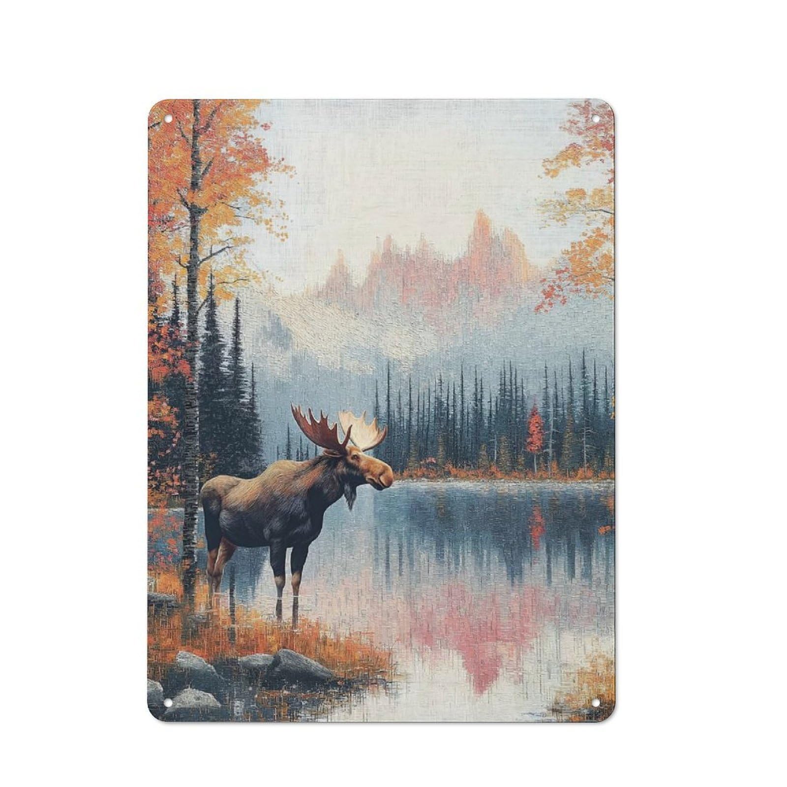 Tin Wall Sign with Moose by A Lake in Autumn Design 40x30cm, Classic Kitchen Wall Decor for Restaurant, Kitchen, Counter Or Breakfast Nook