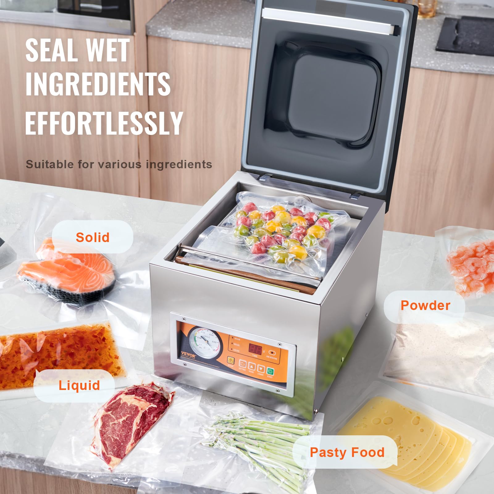 VEVOR Sellador al Vacío de Cámara 260 W Máquina de Envasado al Vacío de Acero inoxidable Tamaño Compacto de 260 mm para Cocina del Hogar Para Uso Comercial Para Alimentos Húmedos, Carnes y Adobos