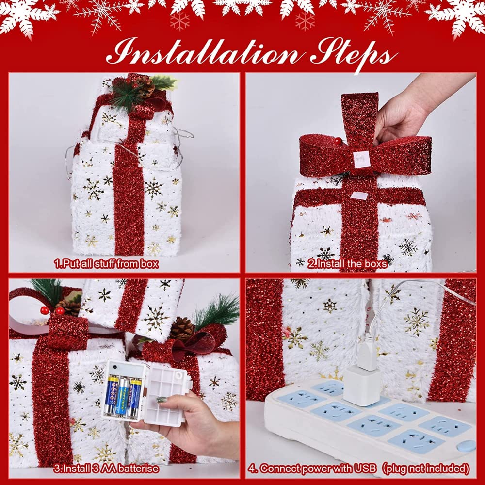 Cajas de regalo para Navidad, Juego de 3 cajas de regalo con iluminación navideña y adornos de cajas de regalo con luz LED de Papá Noel, 60 luces LED blancas cálidas for jardín
