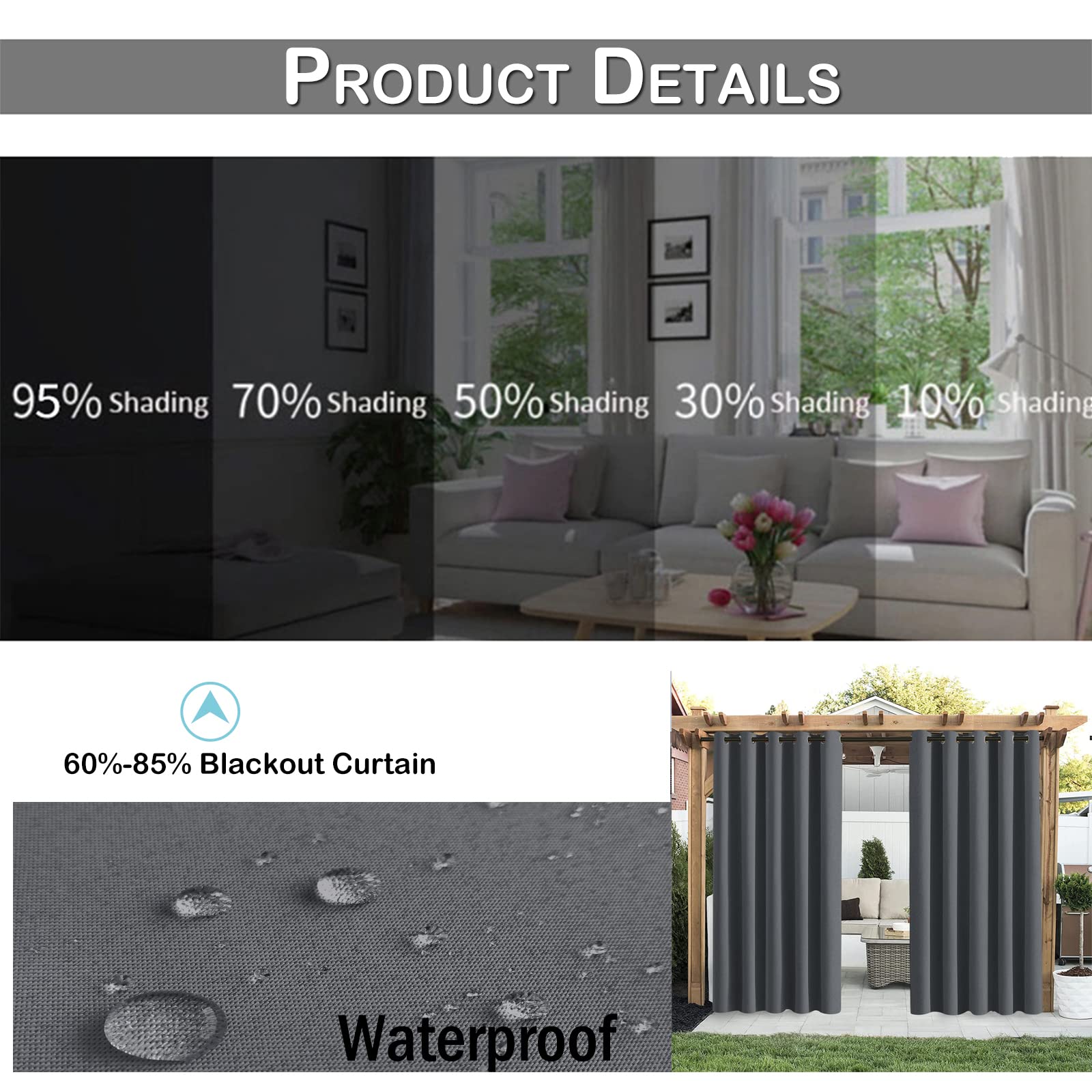 Rosnek Outdoor Vorhang Wetterfest mit Ösen,Outdoorvorhänge B 180xH 243cm Outdoor Vorhänge Wasserdicht Außenvorhang,Winddicht Balkon Gardinen für Terrasse,Pergola,Pavillon,1 Stück,Obere Ösen