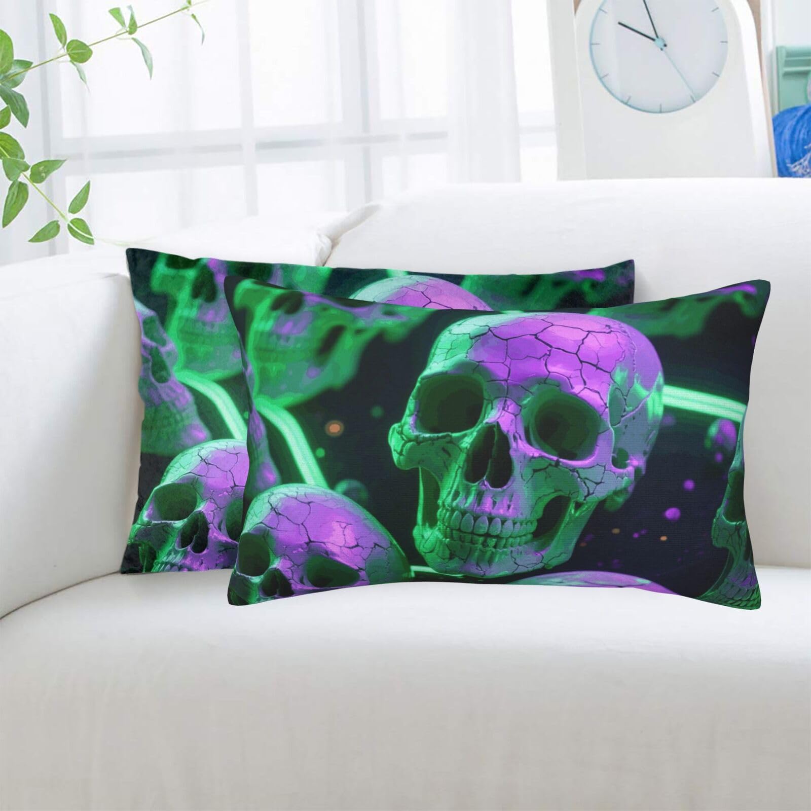 2 Pack Standard Pillowcases Sets, Ultra Soft Comfort Microfiber Plush Pillow Cases Green Purple Skull Decorative Throw Pillow Cover with Hidden Zipper for Bedroom, Sofa, Couch,16"X24"