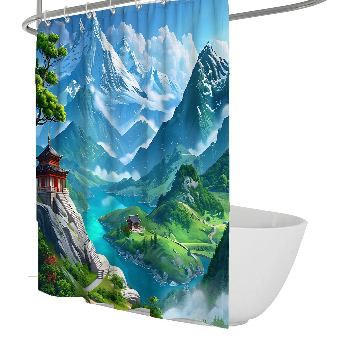 UERWOWELL Asian Sanctuary Landscape Shower Curtain Vibrant Green Hills Blue River Scenery Bathroom Shower Curtain Rustproof Grommets Included W200xL200 cm