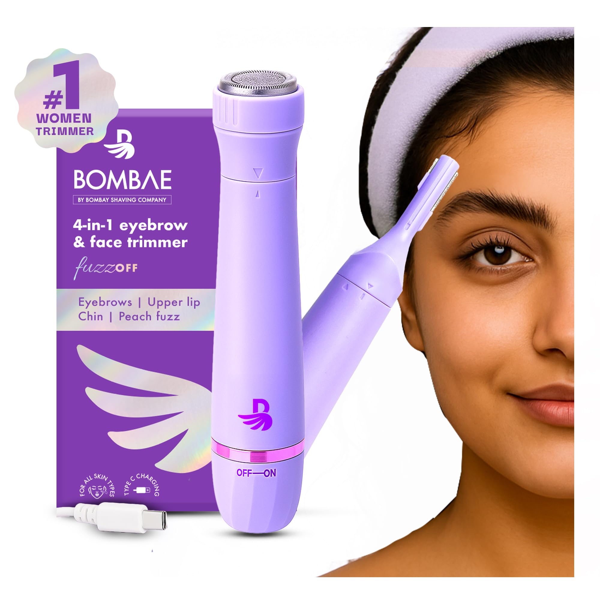Bombae 4In1 Face & Eyebrow |Trimmer For Women All In One|Eyebrow Trimmer|Facial Hair Removal Machine |Women Trimmer | 90 Min Runtime | C Type Charging | For Eyebrows, Upperlips, Sideburns, Chin, Peach Fuzz | (New Model)