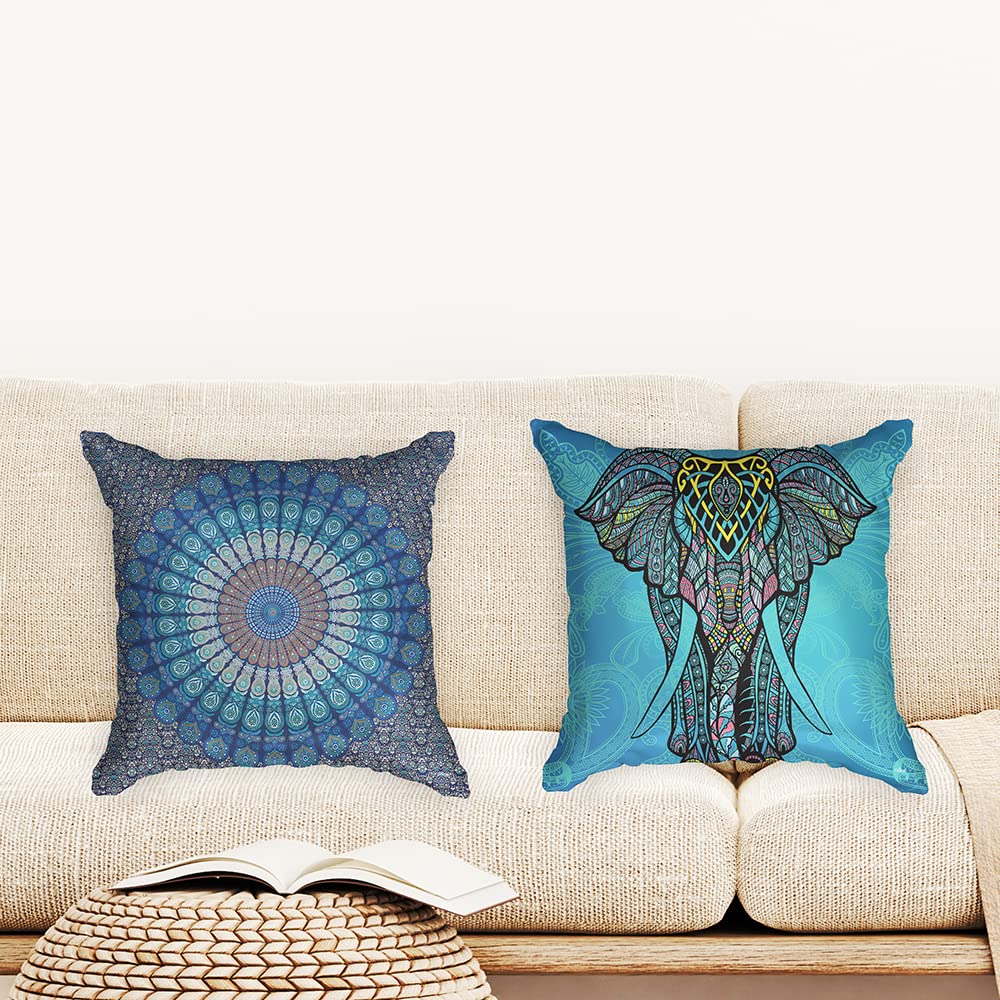 Ulticool, Cushion Cover, Mandala and Elephant Bohemian Hippie Ibiza, Set of 2 Designs, 45 cm x 45 cm